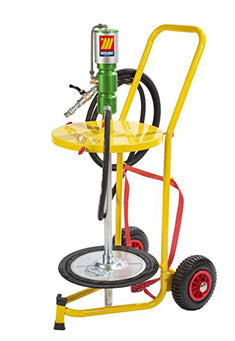 Air-Operated Grease Transfer Pump-50-60kg (120lb.) Drums. Includes 2 wheel dolly, drum cover, follower plate, 13' hose with ball valve control.